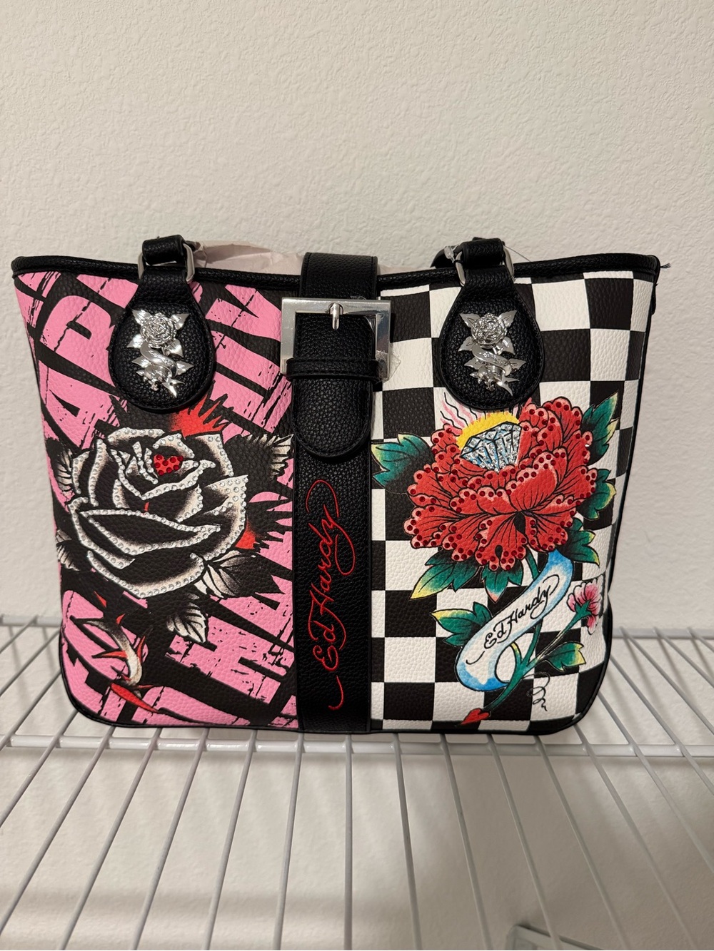 Ed Hardy Pink, Black & White Floral Checkered Tote